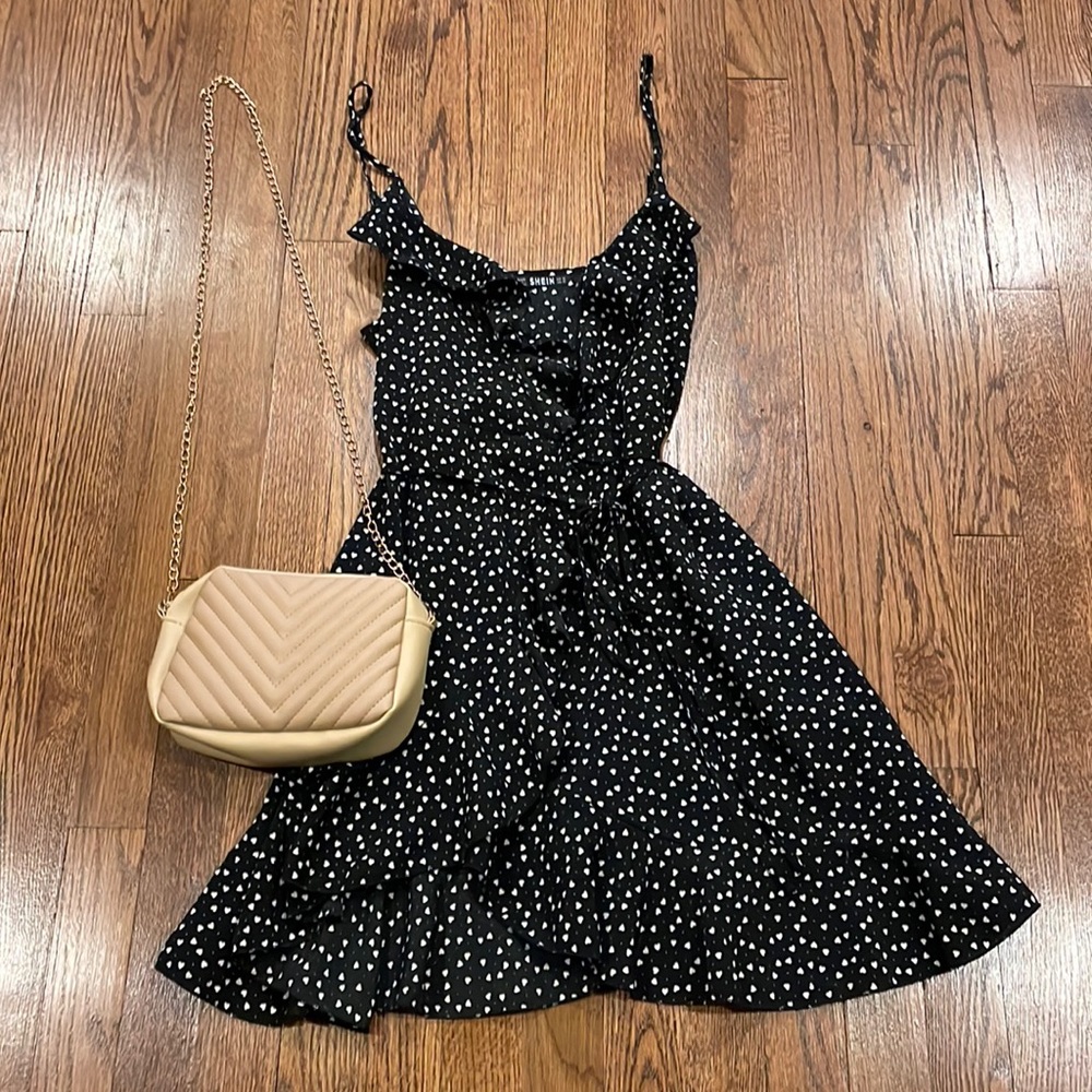 SHEIN black w/ white hearts all over print ruffle detail wrap cami dress size xs